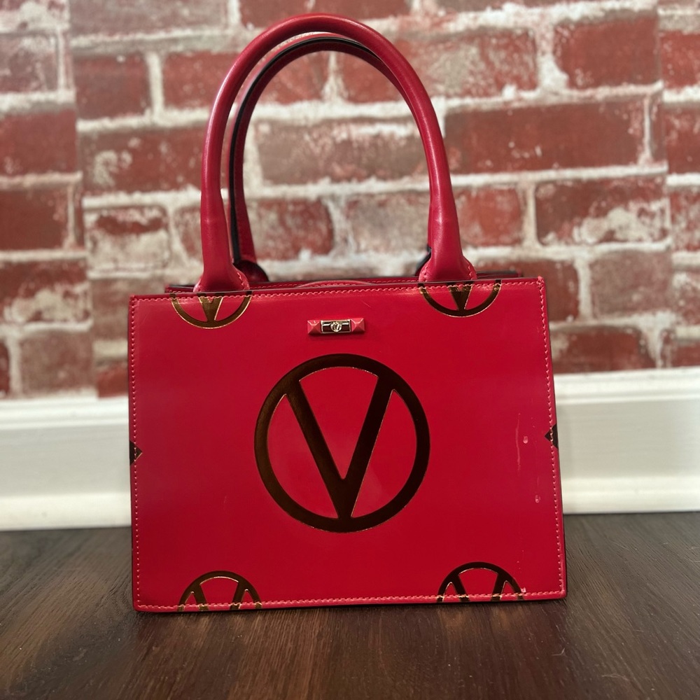 Valentino Red & Gold Leather Painted Logo Structured Rolled Handles Bag
